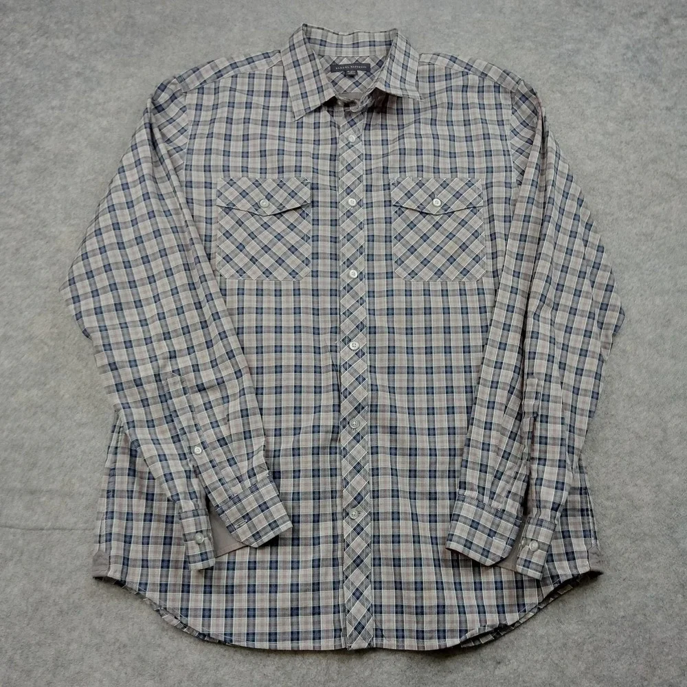 Banana Republic Shirt Mens Large Gray Plaid‎ Button Front Long Sleeve Cotton 16